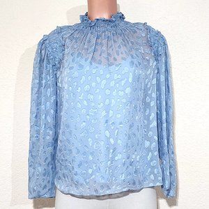 Rebecca Taylor Silk Blend Leopard Ruffle Clip Top Pale Blue High Neck